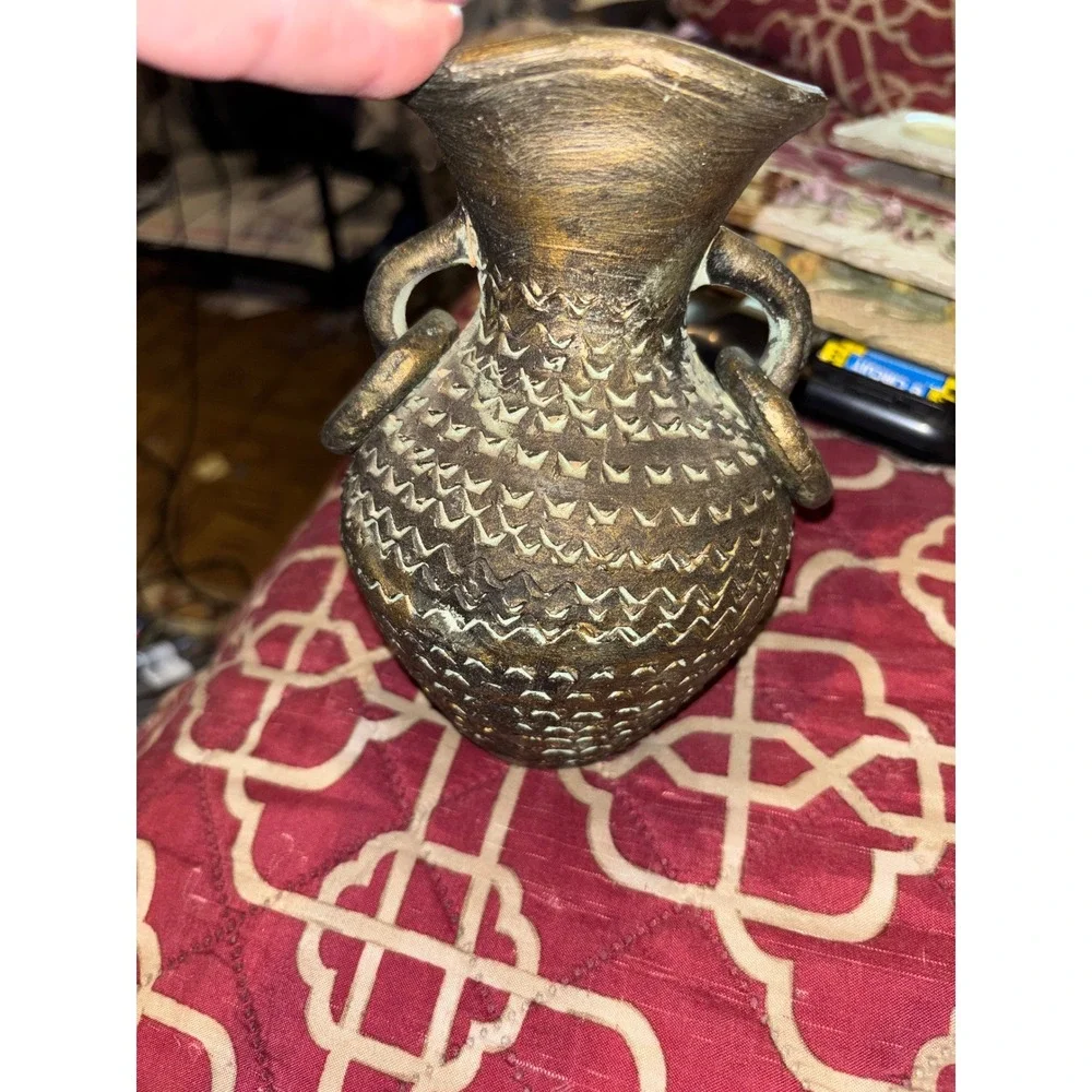 Vintage Style Textured Bronze Metal Bud Vase with Verdigris Patina Ring Handles